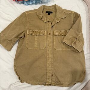 Tan Button-Up Shirt with Ruffle Details